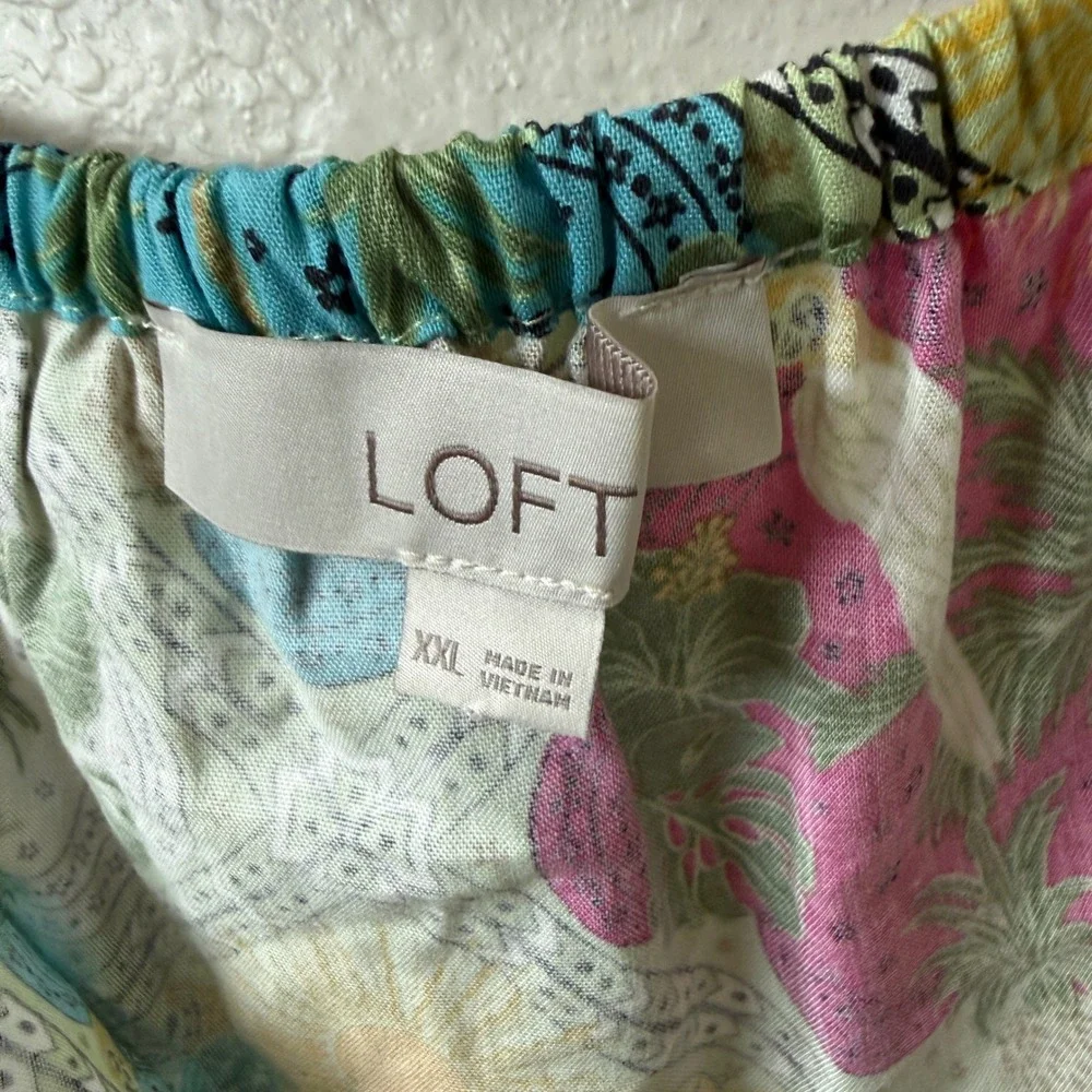 Loft XXL Tropical Parrot Palm Tree Print Puff Sleeve Top Resort Boho Vacation